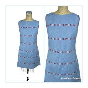 1960s 70s nautical shift dress red white blue embroidered chain Size M